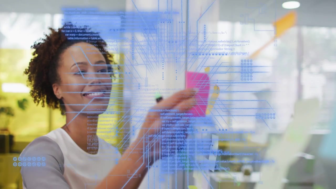 Planner writing sticky notes on glass in business office, organizing and activating circuit overlay