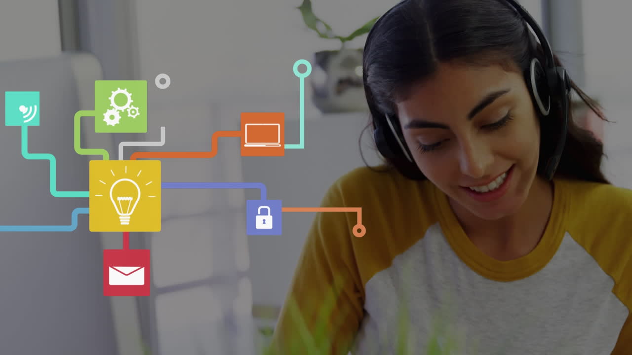 animación de un gráfico volando sobre una mujer usando auriculares de teléfono en casa