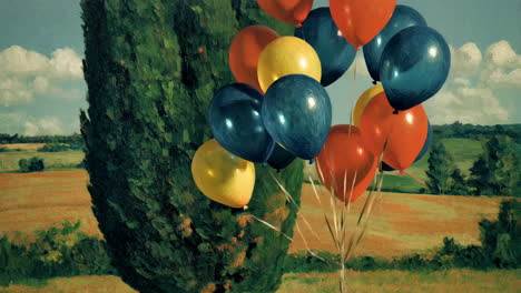 colorful balloons in a painted landscape with a tree