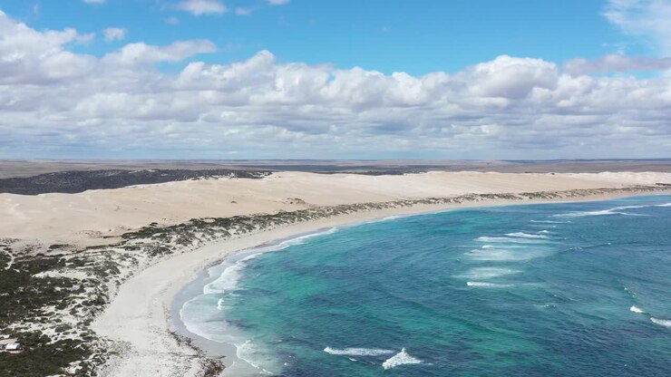 Eccellente ripresa aerea di onde che lambiscono Sheringa Beach sulla Penisola di Eyre, Australia Meridionale