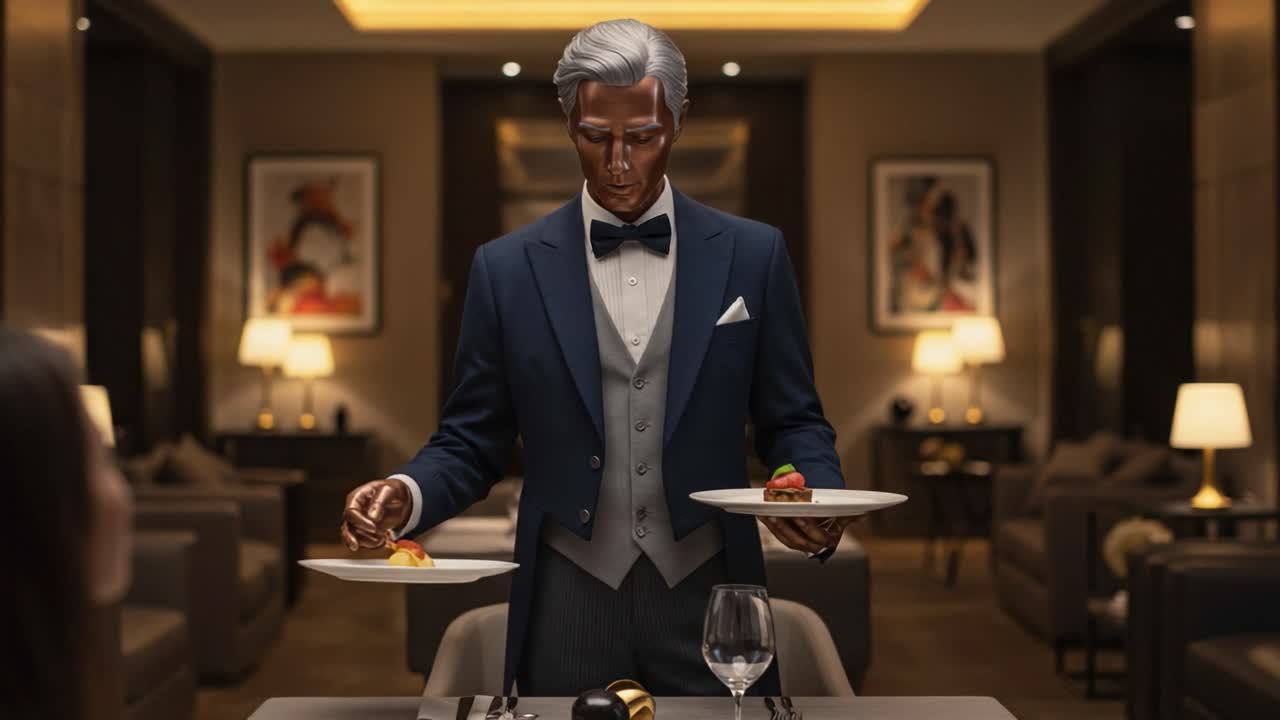 A Meticulously Designed Robotic Waiter Serves Gourmet Dessert in an Elegant Restaurant, Highlighting the Fusion of Technology and Fine Dining Experience