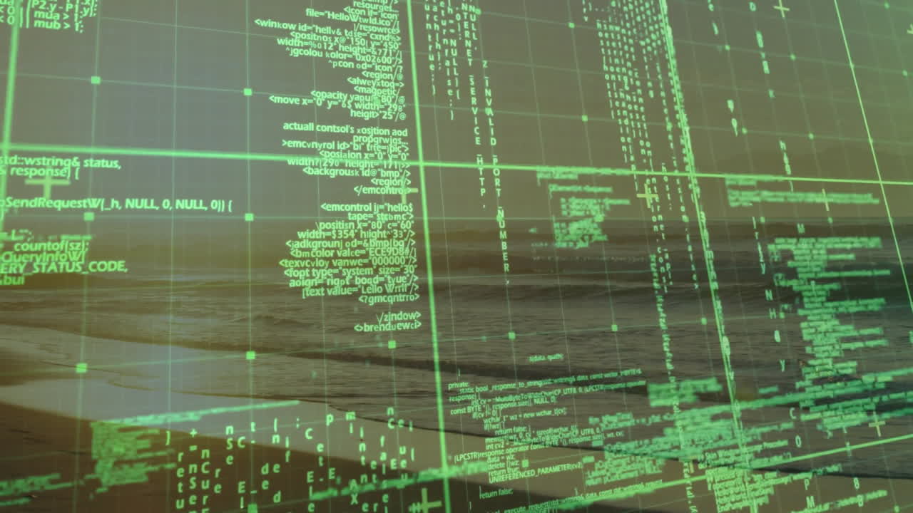 Blending technology and nature, animation of green digital code over ocean landscape