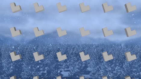 Animation-of-rows-of-abstract-shapes-pattern-and-christmas-snow-falling-over-winter-scenery