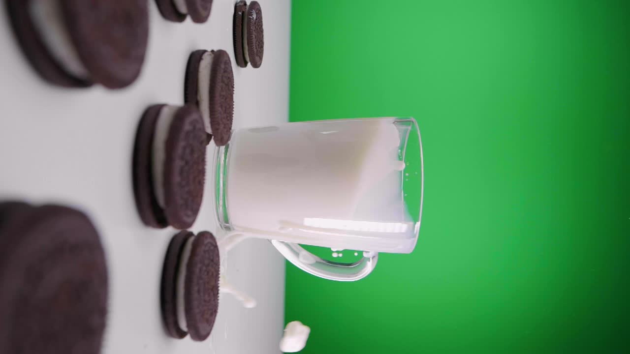 Ripresa al rallentatore di un biscotto con ripieno al latte che cade in un bicchiere di latte vegano, sfondo verde