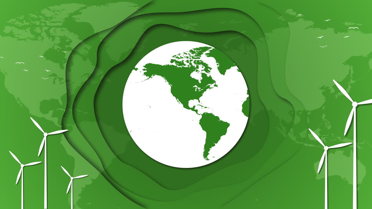 3D animation of planet Earth with windmills for energy production. Cut paper style. Green layered background with world map. Looped video.