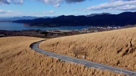 winding road through golden fields with lake and mountains in the background, aerial view