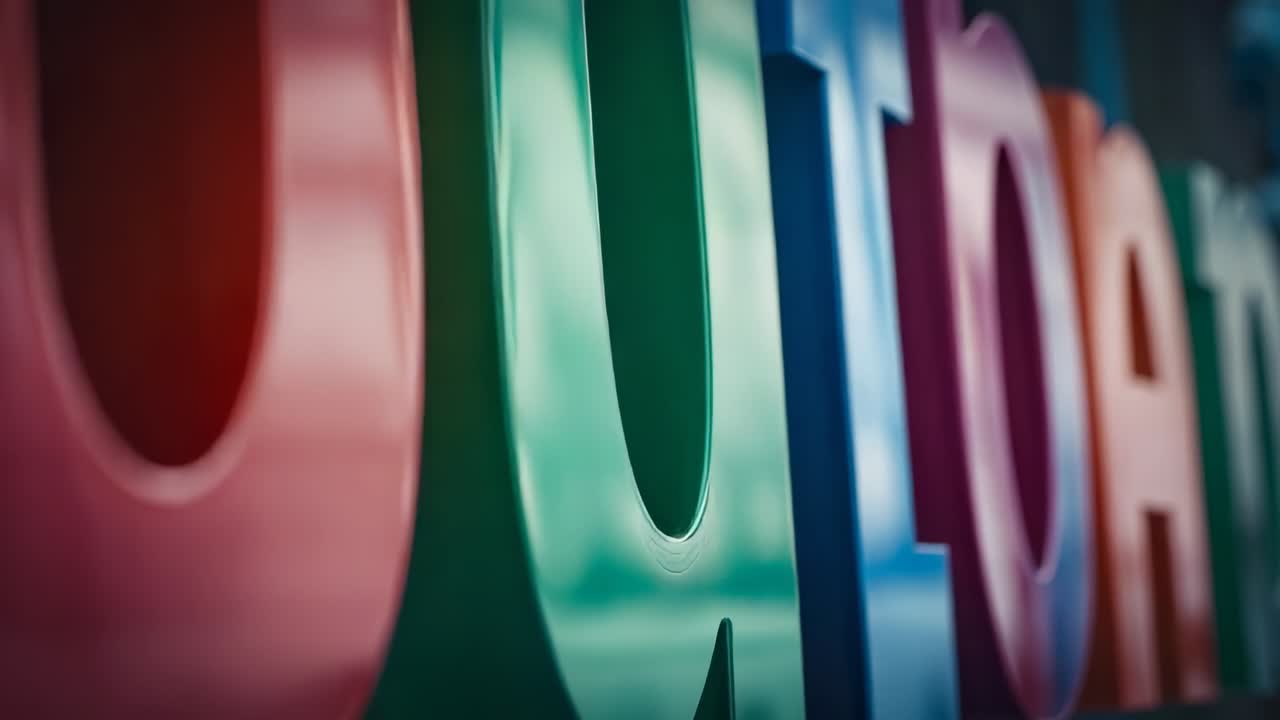 Panoramica con camera che rivela lettere 3D colorate su una parete montata, spostamento della messa a fuoco, che mostra ritagli ovali