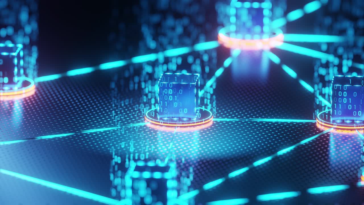 las cajas de blockchain están vinculadas entre sí para encriptar la criptomoneda, la cámara de profundidad de campo y giran alrededor de la caja.