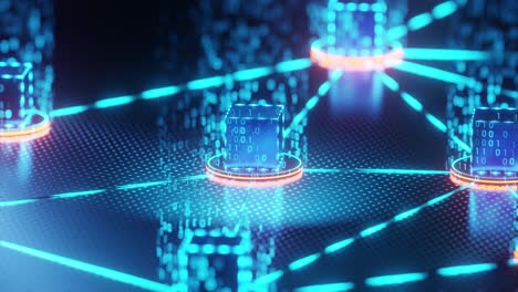 The blockchain boxes are linked together to encrypt the cryptocurrency. Depth-of-field camera and revolve around the box.