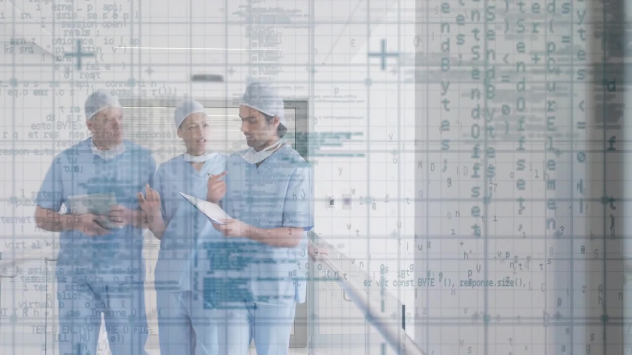 Vídeo vertical: Uma figura aparecendo atrás de uma sobreposição fazendo com que três profissionais de saúde caminhem verificando anotações
