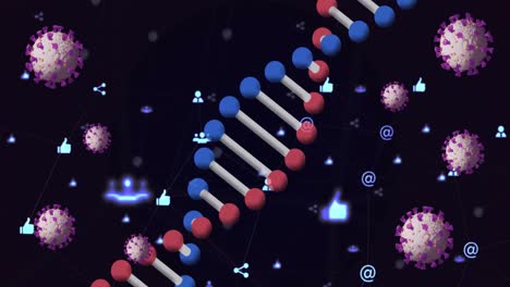 Animation-of-clock-colourful-confetti-falling-over-rotating-dna-strand-on-black-background