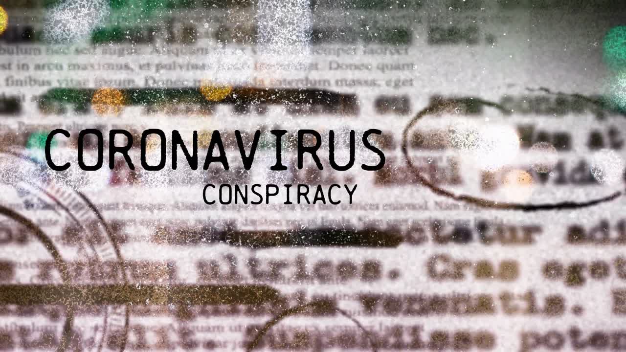 Animation of words Coronavirus Conspiracy with newspaper pages over a cityscape