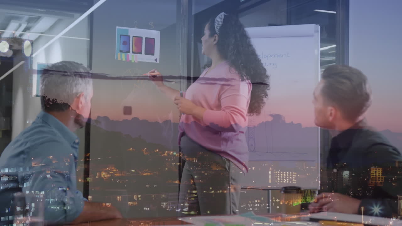 Animation of landscape over diverse business people in office