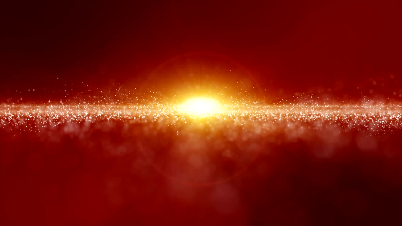 추상적인 빨간색 디지털 입자 파동과 먼지 및 빛 운동 배경