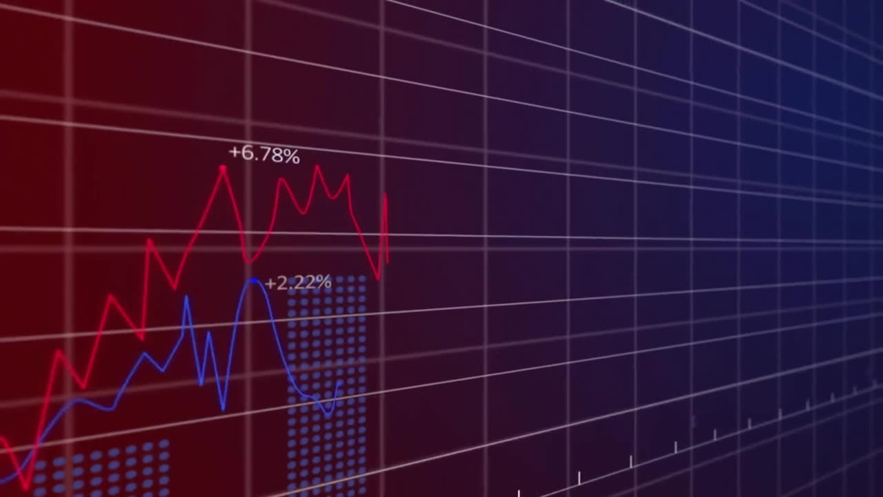 Animation of financial data processing over grid on dark background