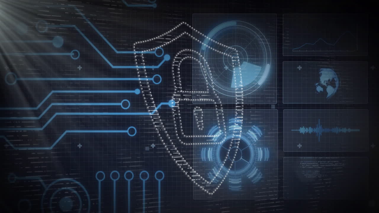 Animation of digital security shield with circuit lines over data interface