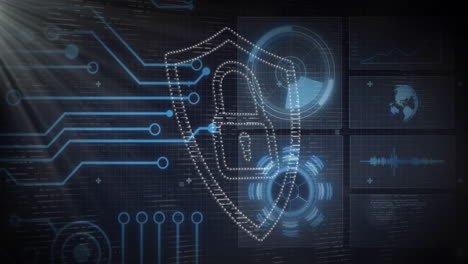 animation of digital security shield with circuit lines over data interface