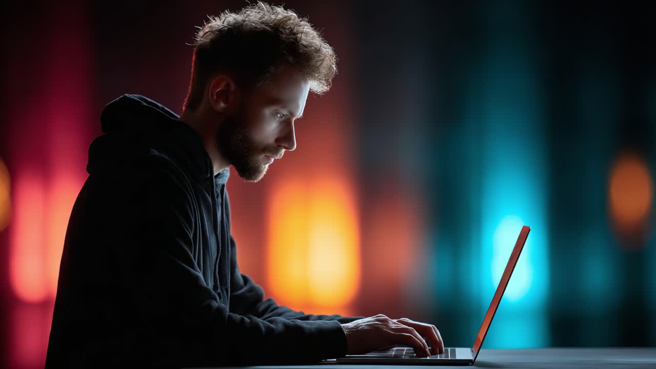 Focused Individual Engaged in Work on a Laptop in a Dimly Lit Environment, Surrounded by Vibrant Background Colors of Blue and Orange Illumination