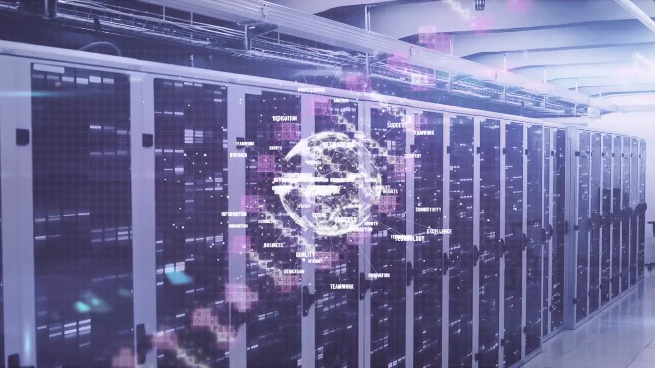 Animation of dna helix over multiple texts around globe against server room in background