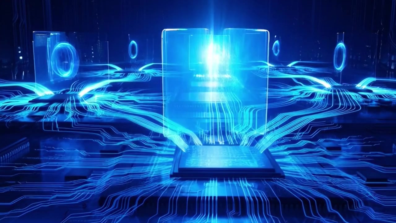 Digital Circuit Board with Glowing Data Flow and Holographic Interfaces
