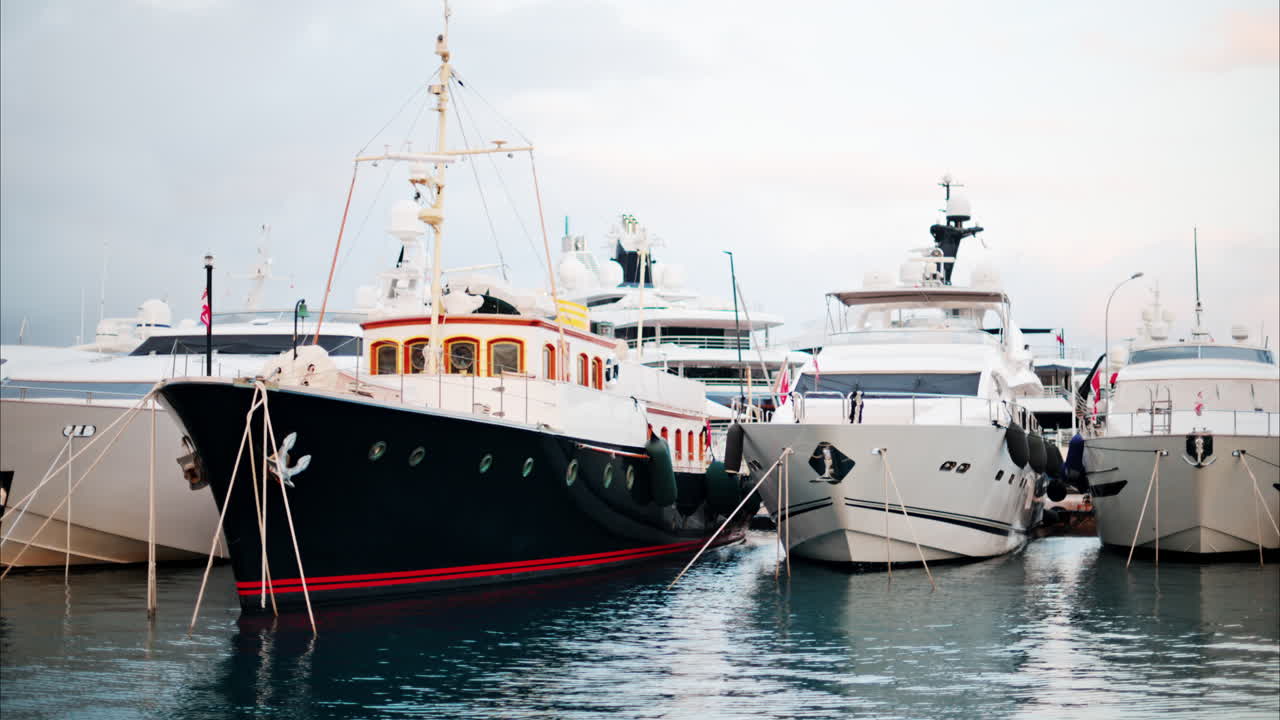 View of boats docked in the Monaco Marina with a cloudy sky on the background