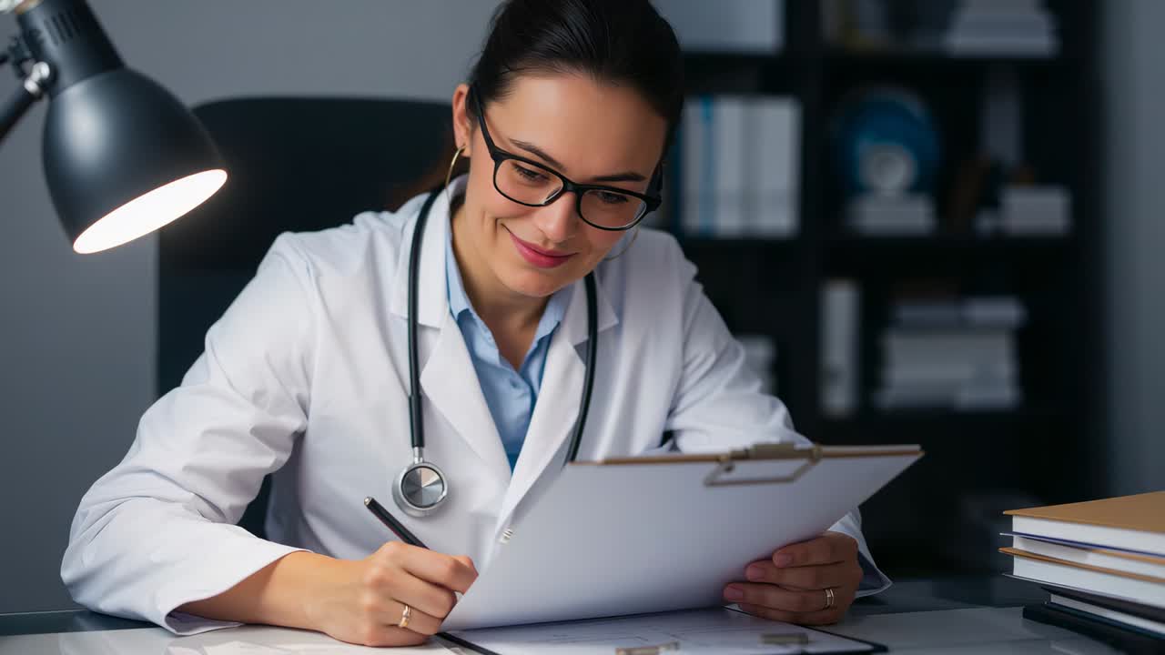Reading notes, doctor in white lab coat writing at desk to update records, clipboard, stethoscope