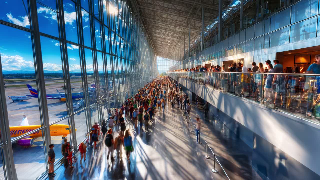 A bustling airport terminal showcases a vibrant crowd flowing through a modern architectural space with ample glass and sunlight illuminating the expansive concourse area