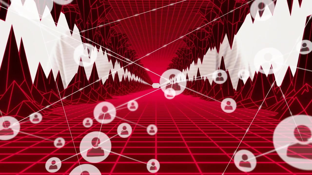 Avatar centrale che si attiva, avatar che si generano e si collegano tramite linee tecnologiche per formare una rete su una griglia rossa.