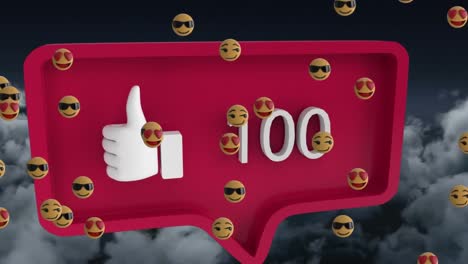 Animation-Von-Emoticons,-Die-Sich-Wie-Social-Media-Reaktionen-Und-Wolken-Bewegen