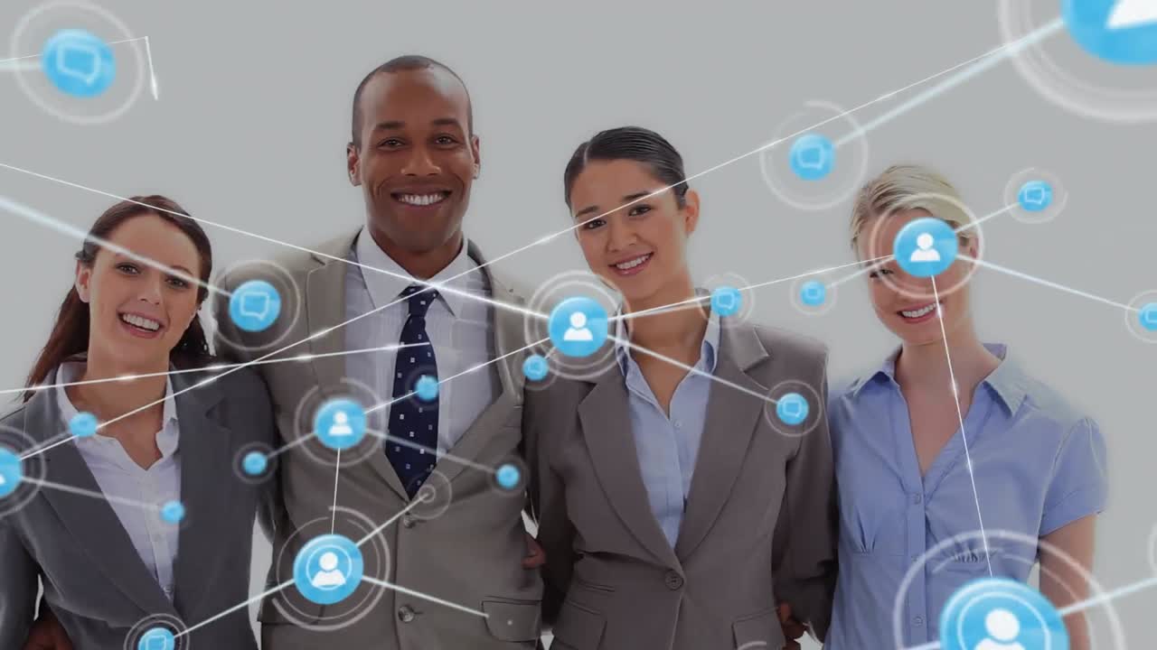 Animazione di rete di icone digitali su sfondo di ritratto di professionisti di diverse etnie che sorridono insieme