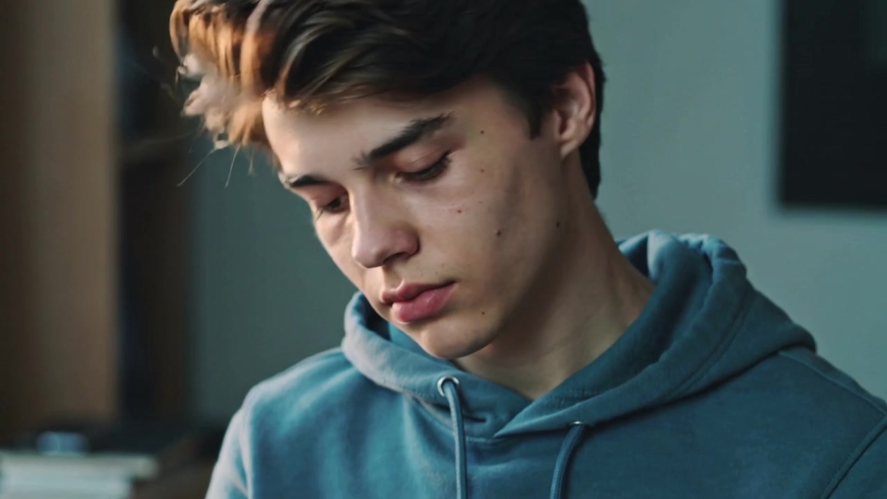 Adolescente maschio con una felpa con cappuccio blu che allunga la mano verso lo smartphone, controlla lo schermo alla scrivania e poi torna a un libro aperto.