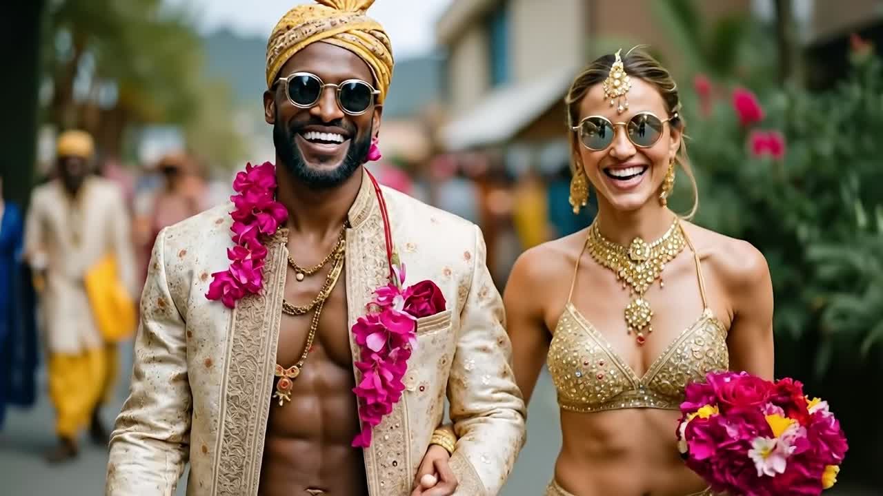 A man and a woman dressed in traditional indian attire walking down a street