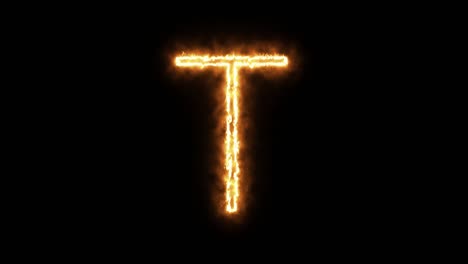 la letra "t" de la llama ardiente. fuente de quema ardiente o texto alfabético de hoguera con efecto de calor ardiente y brillante. renderización 3d.