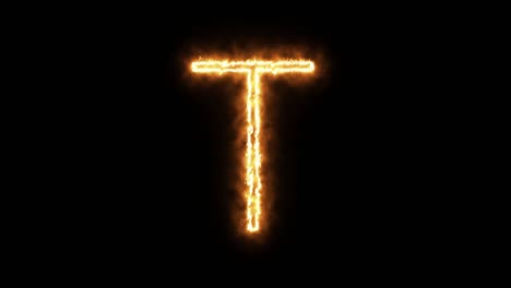 the letter "t" of burning flame. flaming burn font or bonfire alphabet text with sizzling fiery shining heat effect. 3d rendering.