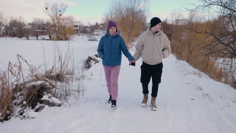 couple walking in snowy park