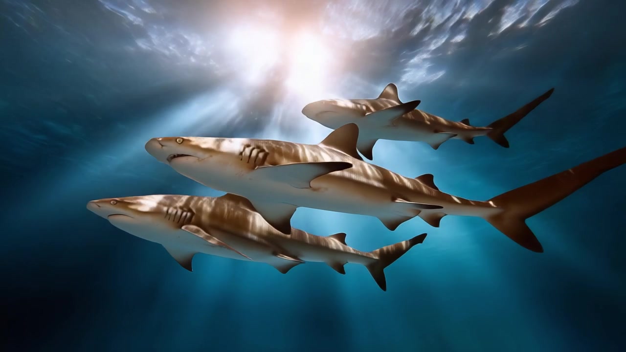 A Stunning Underwater Scene Featuring a Pod of Sharks Gliding Gracefully Beneath the Shimmering Surface of the Ocean with Bright Rays of Sunlight Breaking Through
