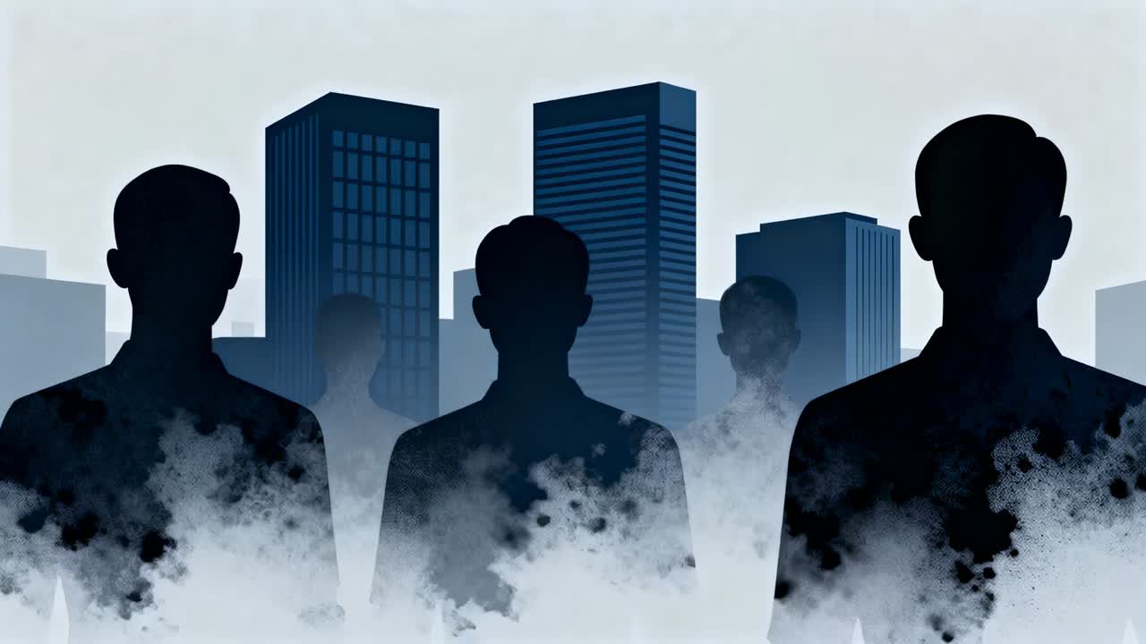 Vervagend silhouet aan de rechterkant dat verschuift naar de rand bij een nevelige skyline van een stad, opkomende mist, kopieerruimte