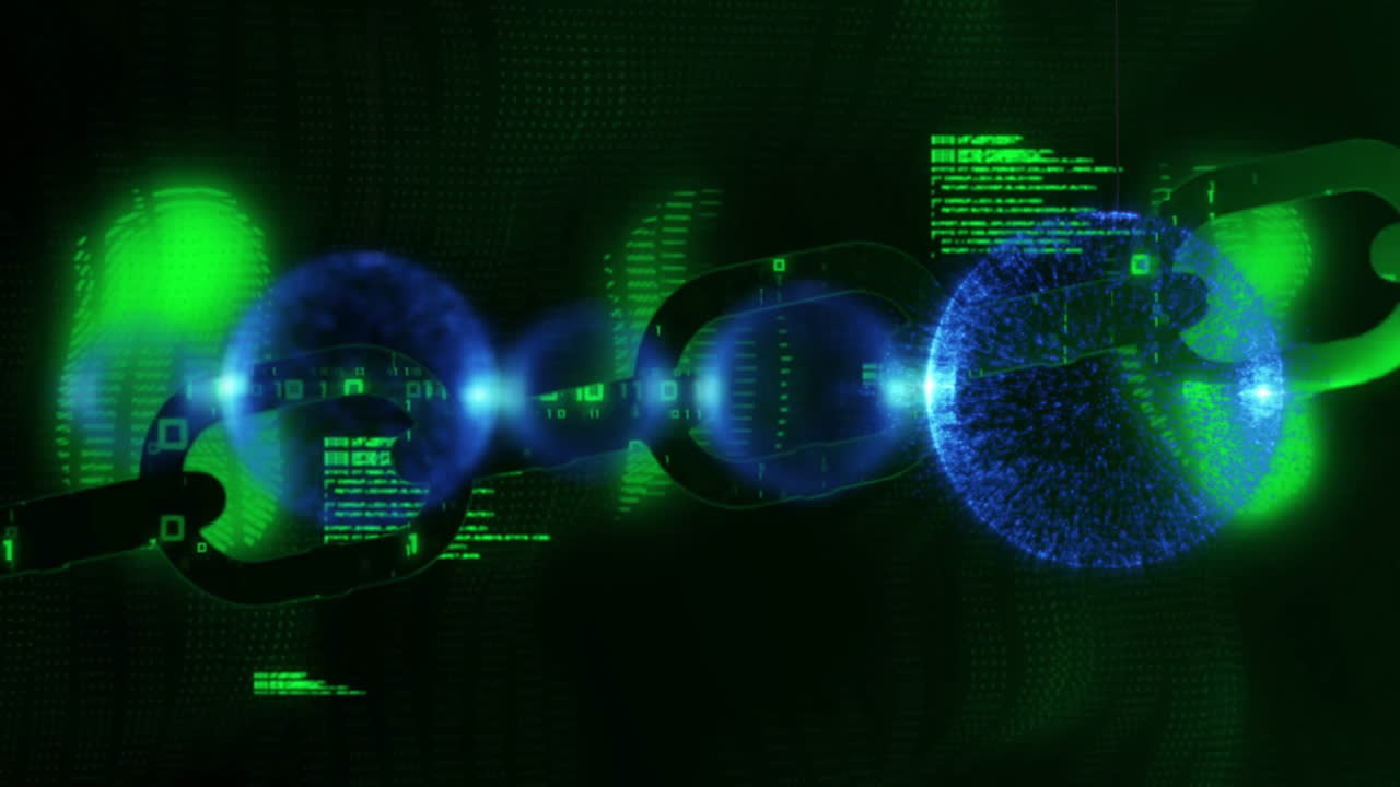 Glowing blue and green digital chain links with binary code and animation