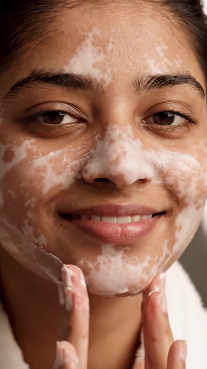 Skin Care Routine: A Woman Gently Cleansing Her Face with Foaming Cleanser, Highlighting the Importance of Daily Facial Care for Radiant Skin