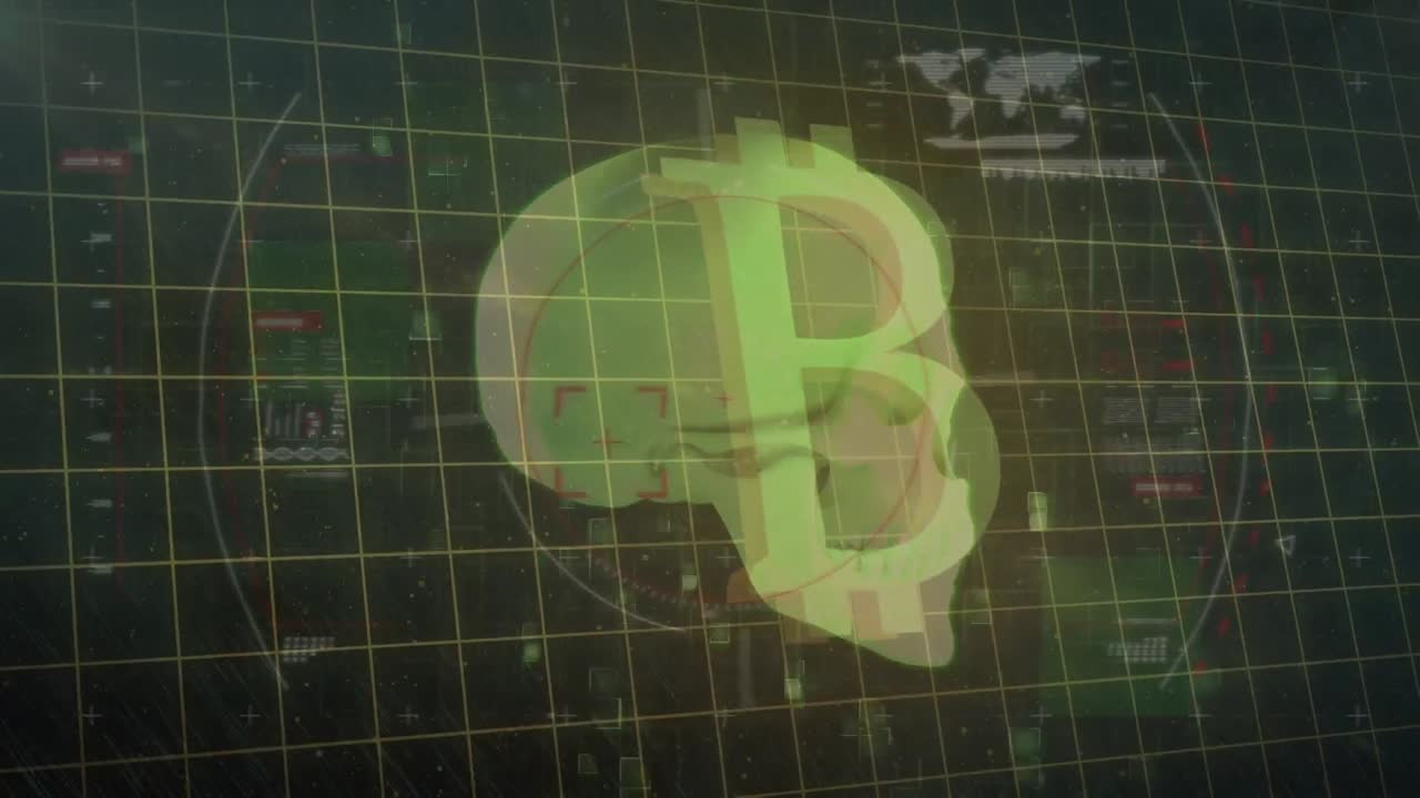 검은 바탕에 데이터 처리를 통해 두개골과 비트코인의 애니메이션