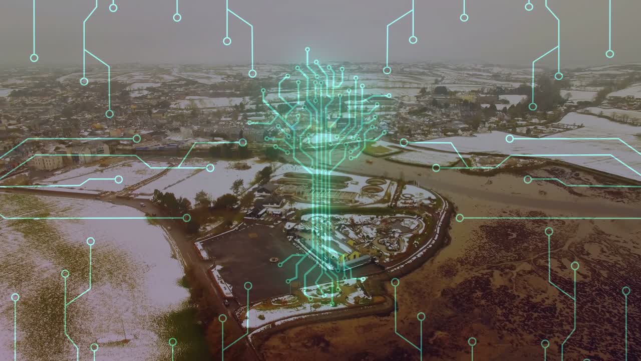 Drone approaching initiating cyan circuitry overlay over peninsula, visualizing technology network