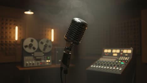 a vintage microphone stands ready in a dimly lit recording studio surrounded by old-school audio equipment, ready to capture moments of sound and music