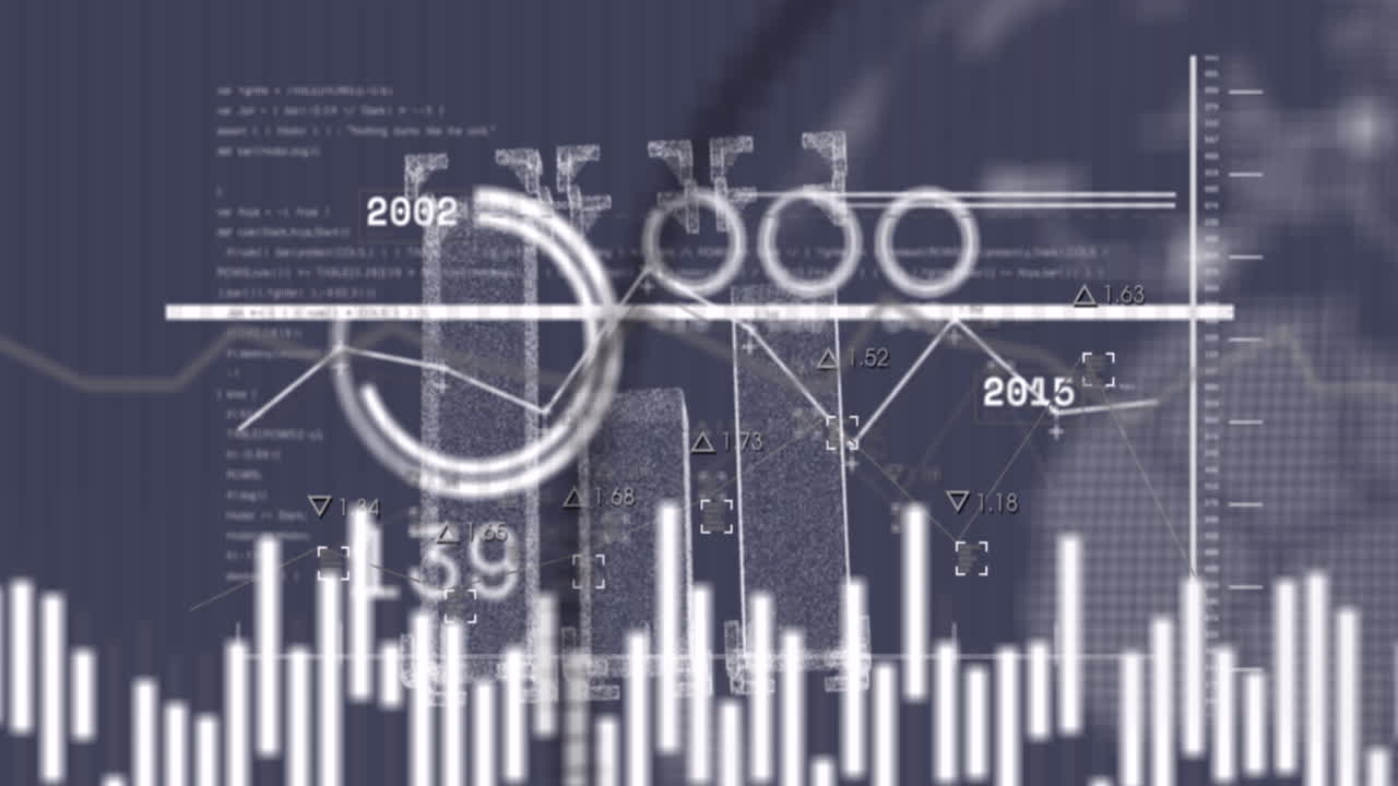 Animation of statistical data processing and spinning globe against grey background