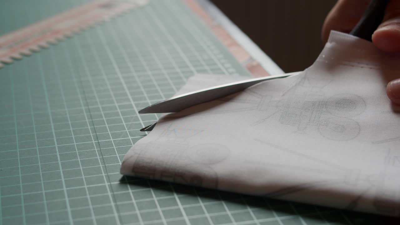 Cutting through fabric on a table with scissors.