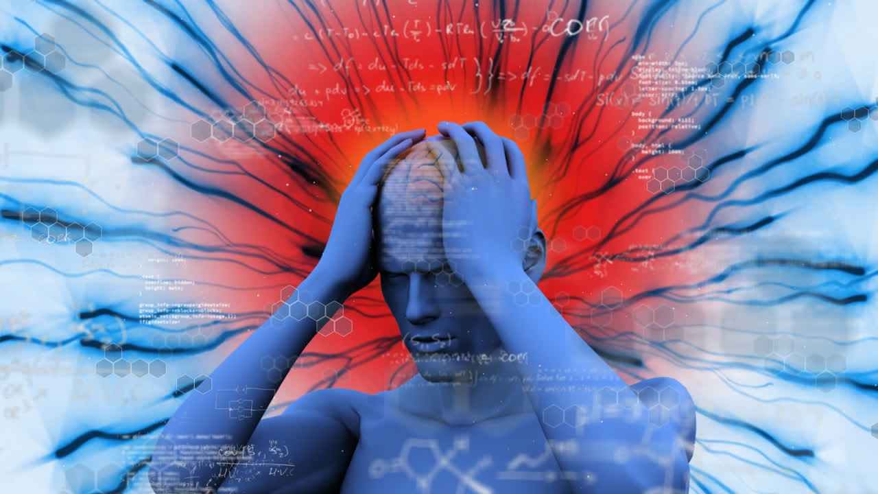 humano digital con cerebro brillante y halo rojo alrededor con procesamiento de datos