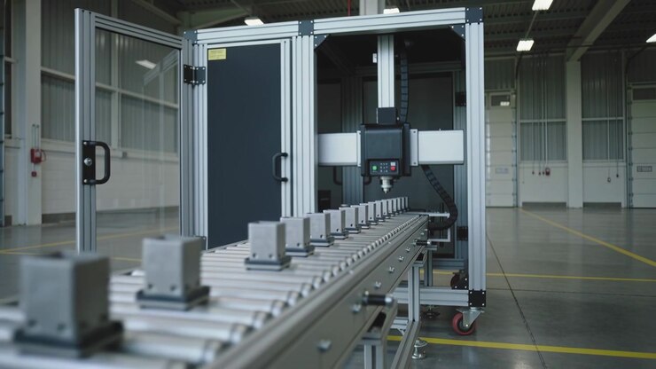 Starting roller conveyor carrying metal parts toward gantry spindle for milling in plant, door ajar
