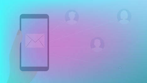 smartphone con icono de correo electrónico, animación de la red de comunicación sobre el fondo de gradiente