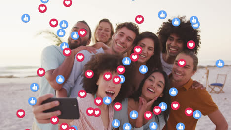 animation of love and like digital icons over group of friends on beach