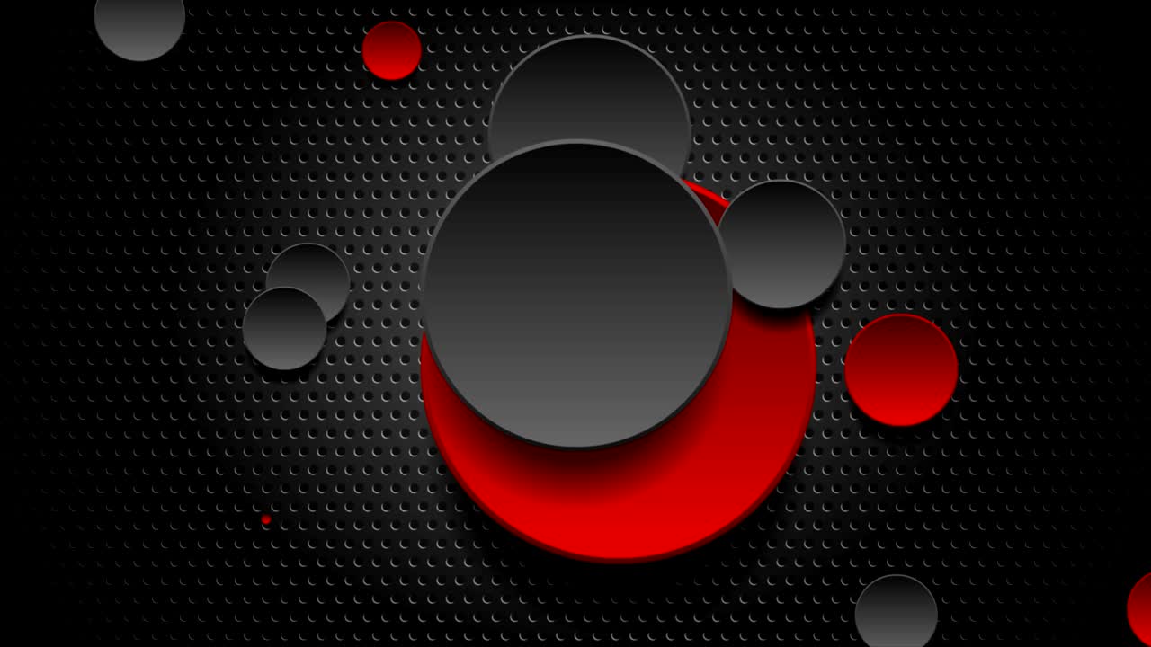 círculos brillantes rojos y negros en fondo perforado oscuro animación de video