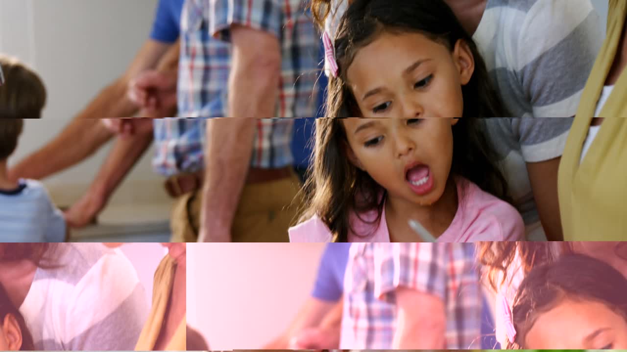 부 ⁇ 에서 가족들이 그녀를 지켜보는 동안 할머니가 채소를 자르고 있습니다.